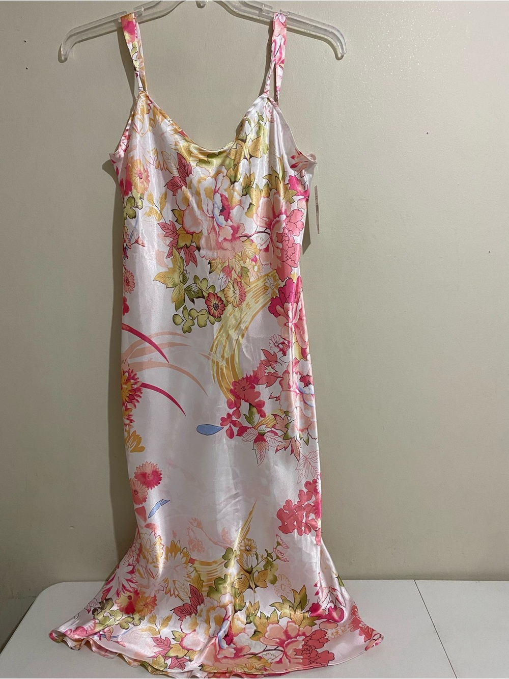 New Natori Cruz Floral Satin Slip Sleepwear Dress in Pink & White Size S